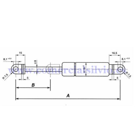 Mola a gás Pistão 500N Distância dos furos 245mm largura 19mm