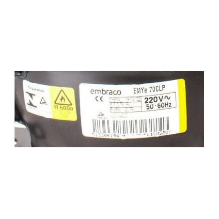 Compresor refrigerante R600a EMYe 70CLP EMBRACO 220V 50-60Hz LBP 1/4HP 605141