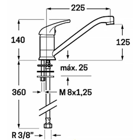 Robinet monotrou 1 orifice 2 eaux manette courte raccord ½" longueur