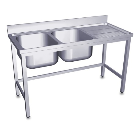 Pia Industrial 1400x600mm Escorredor Direita 2 Cubas 400x400x250mm Com Bancada