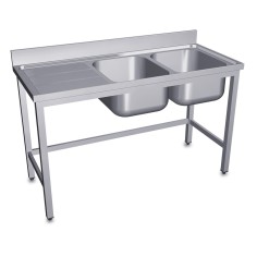 Industrial Sink 1600x600mm Left Drainboard 2 Bowls 400x500x250mm With Base