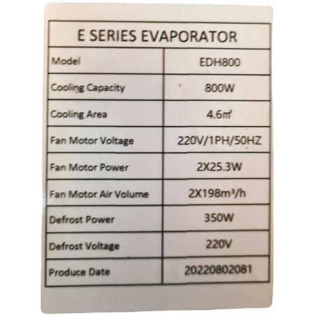 Evaporador Ventilado Horizontal de duplo fluxo EDH800 800W Prata 76x408x800mm