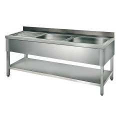 Évier industriel démontable 1400x600mm 2 bacs droite 400x400x250mm avec plan de travail. 1 étagère