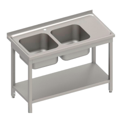 Évier industriel démontable 1500x600mm 2 bacs gauche 450x450x300mm avec plan de travail. 1 étagère