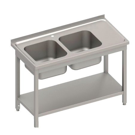 Removable Industrial Sink 1500x600mm 2 Bowls Left 450x450x300mm With Countertop. 1 Shelf