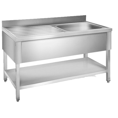 Évier industriel démontable 1500x600mm 1 cuve droite 400x400x250mm avec plan de travail. 1 étagère