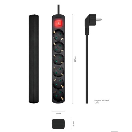 Regleta de 6 tomas Schuko con cable de 1,5 m en color negro