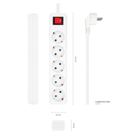 Multiprise 5 prises avec interrupteur de couleur blanche et 1,4 mètres de longueur