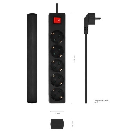 Multiprise 5 Prises avec Interrupteur de couleur Noire et longueur de 1,4 mètres