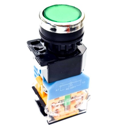Interruptor de intertravamento 2 polos NO NC 220V com luz Ø22mm L82mm Verde LA38