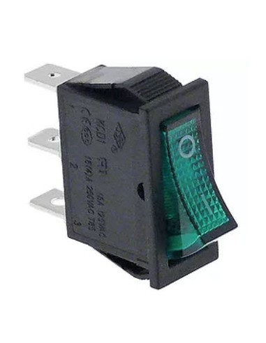 interruptor basculante 30x11mm verde 1NO/lámpara 250V 16A 0-I empalme conector Faston 6,3mm