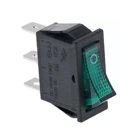 interruptor basculante 30x11mm verde 1NO/lámpara 250V 16A 0-I empalme conector Faston 6,3mm