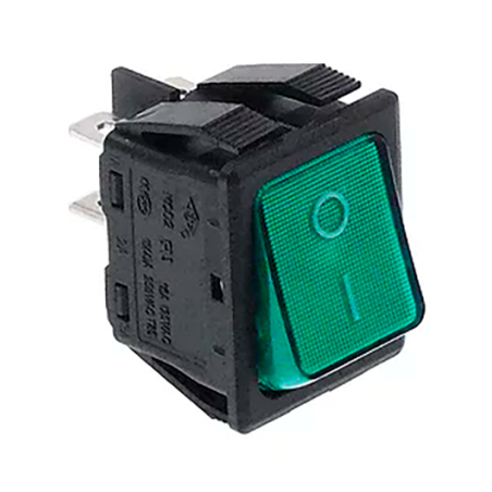 botão basculante 30x22mm verde 2NO 250V 16A iluminado 0-I