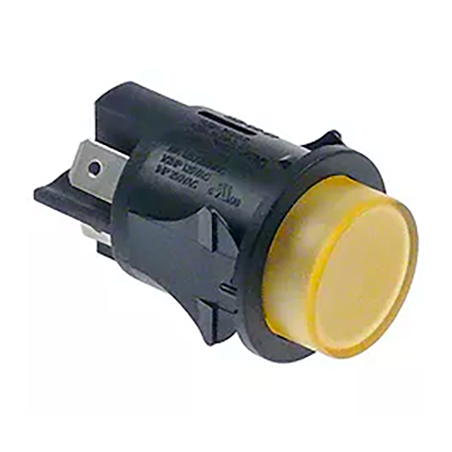 interrupteur poussoir montage ø 25mm jaune 2NO 250V 16A éclairé raccordement connecteur Faston 6,3mm