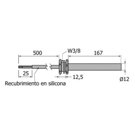 cartucho calentador 230W 230V ø 12mm L 180mm rosca 3/8" longitud del cable 1000mm universal Mondial