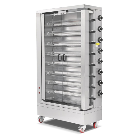 Vertical gas chicken rotisserie with 8 skewers