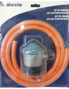 Regulador de gas 29Mbr de GLP en formato blister con el tubo y las abrazaderas 