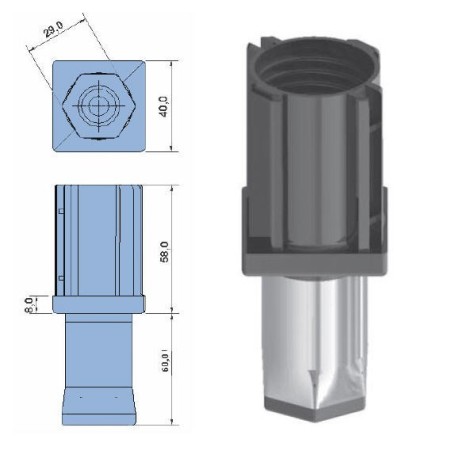Pé regulável 40x40mm poliamida parte móvel hexagonal aço inoxidável. Elevação máxima: 50mm Peso: 85g