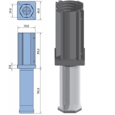 Pied de réglable 40x40mm polyamide partie mobile hexagonale en acier inoxydable. Hauteur maximale : 50mm Poids : 85g