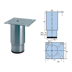 Pata regulable acero inoxidable partes fija y móvil cilíndricas.Pletina descentrada. Peso: 425g