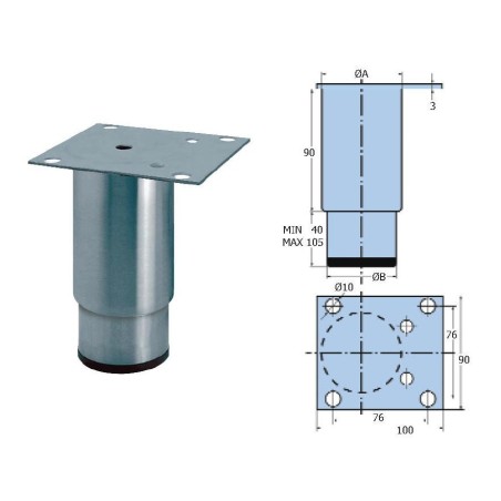 Pata regulable acero inoxidable partes fija y móvil cilíndricas.Pletina descentrada. Peso: 425g