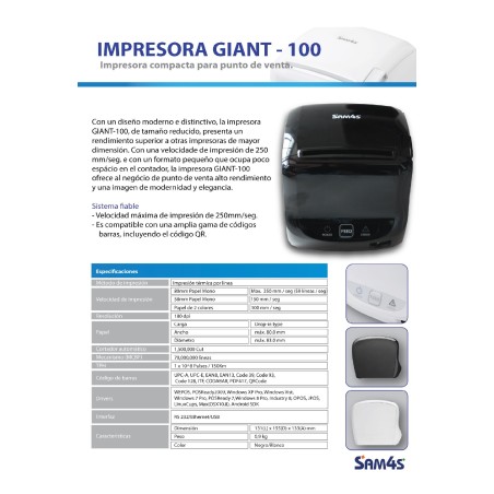Impressora de tíquetes Térmica Sam4S GIANT-100