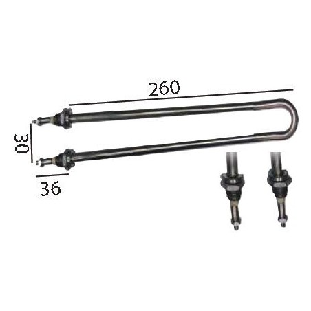 1000W resistance 230V L 260mm W 33mm M12x1 mounting distance 28mm tube ø 8mm Heats caps