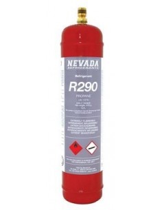 Gas Refrigerante R-290 Envase 370gr Norma CE. Envase matálico, válvula latón. 