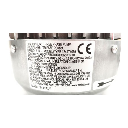 pump inlet ø 63mm outlet ø 53mm type 1241.2500 230/400V 50Hz phases 3 1.1kW 1.5HP 500111 A06AA15 Arisco DW1040TP